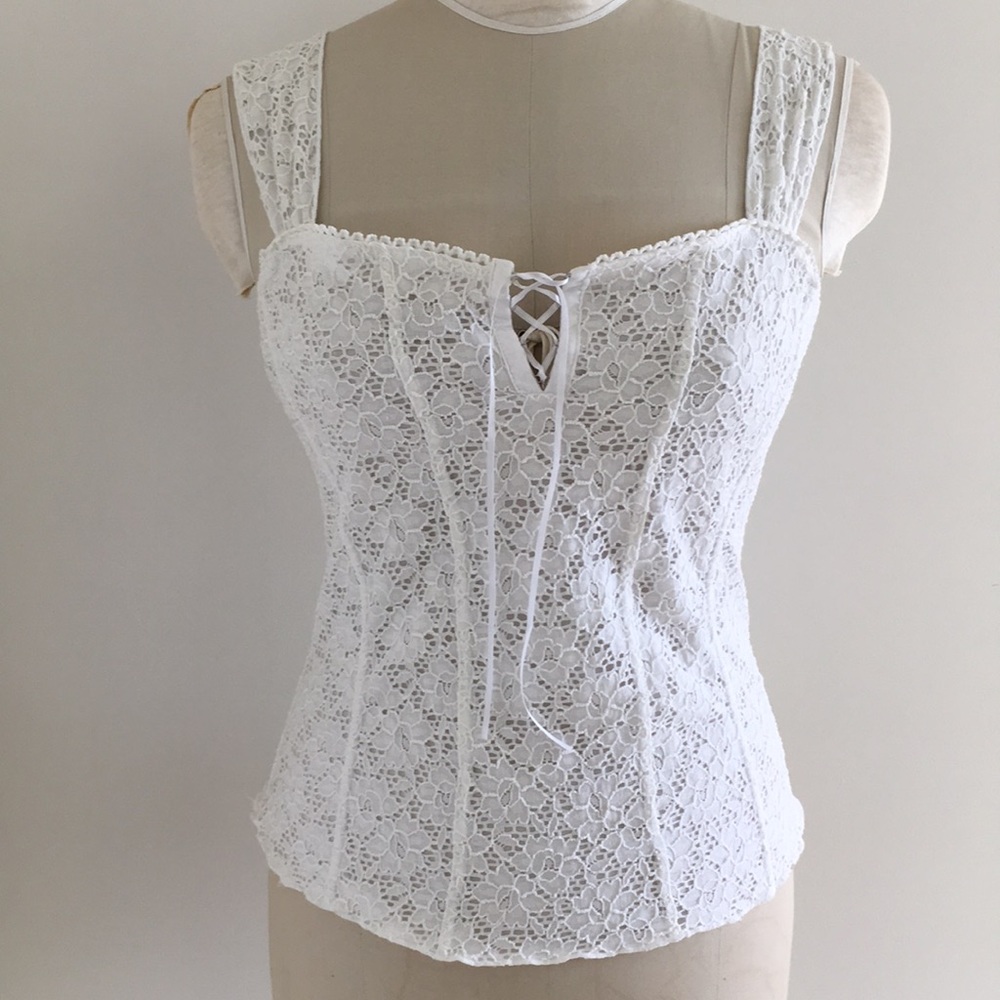 Cute white floral lace ribbon tie v tank - large